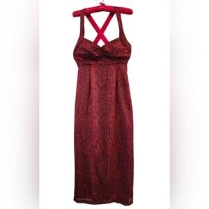 Elegant Red Crisscross  formal Dress with sparkly boa print. 9/10